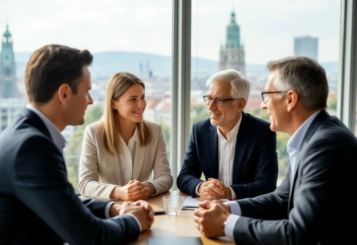 Multi-generational family meeting in a modern office discussing wealth planning in Vienna