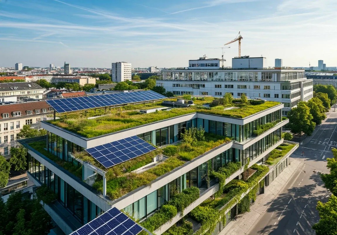 Sustainable building in Vienna with rooftop greenery and solar panels, symbolizing green investment.