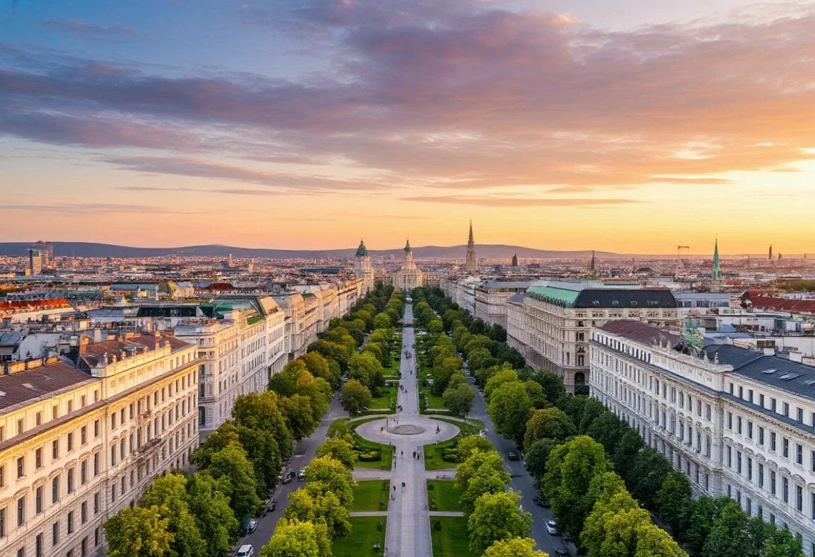 A panoramic view of Vienna at sunset showcasing historic buildings, green boulevards, and modern city elements.